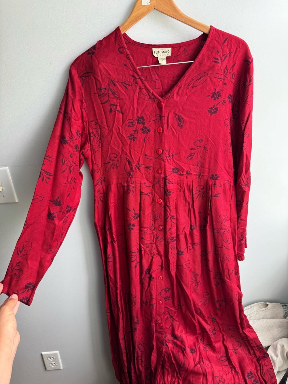 Vintage Red Floral Button-Front Women's Dress